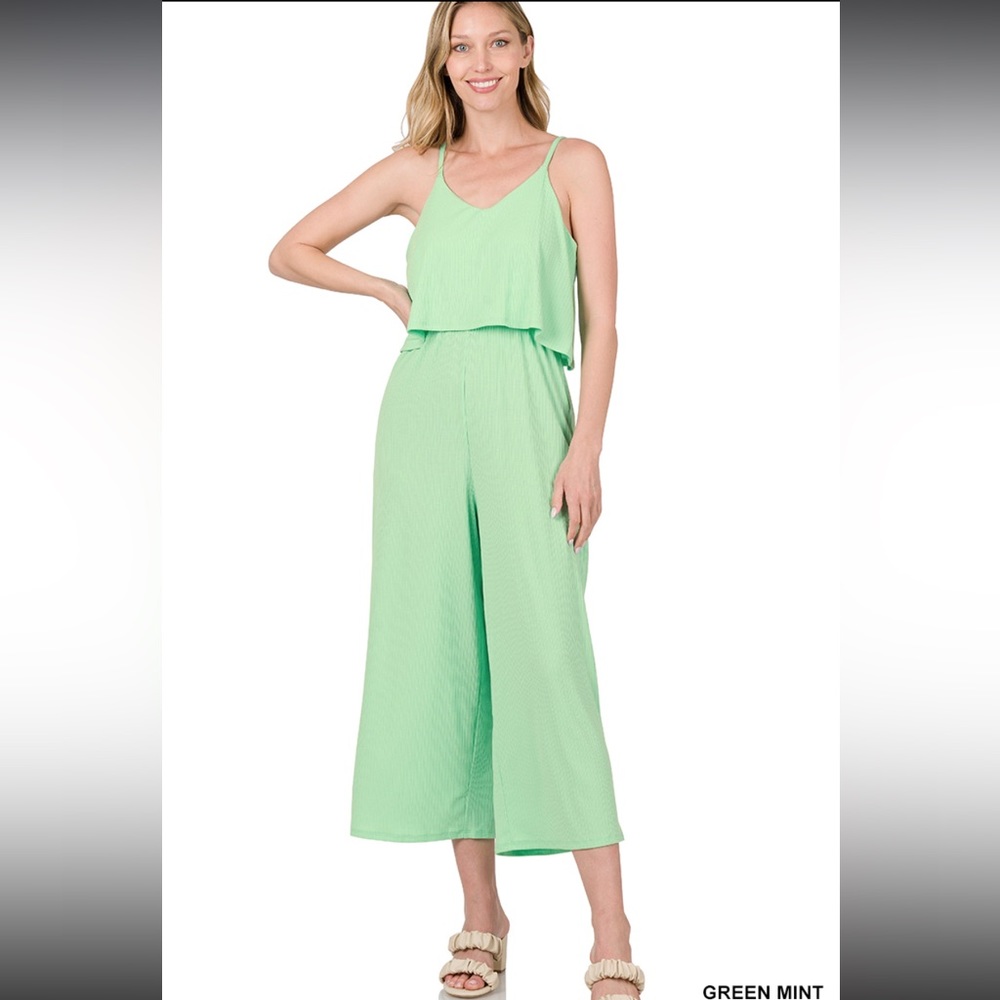 Ribbed Mint Double Layer Cropped Jumpsuit